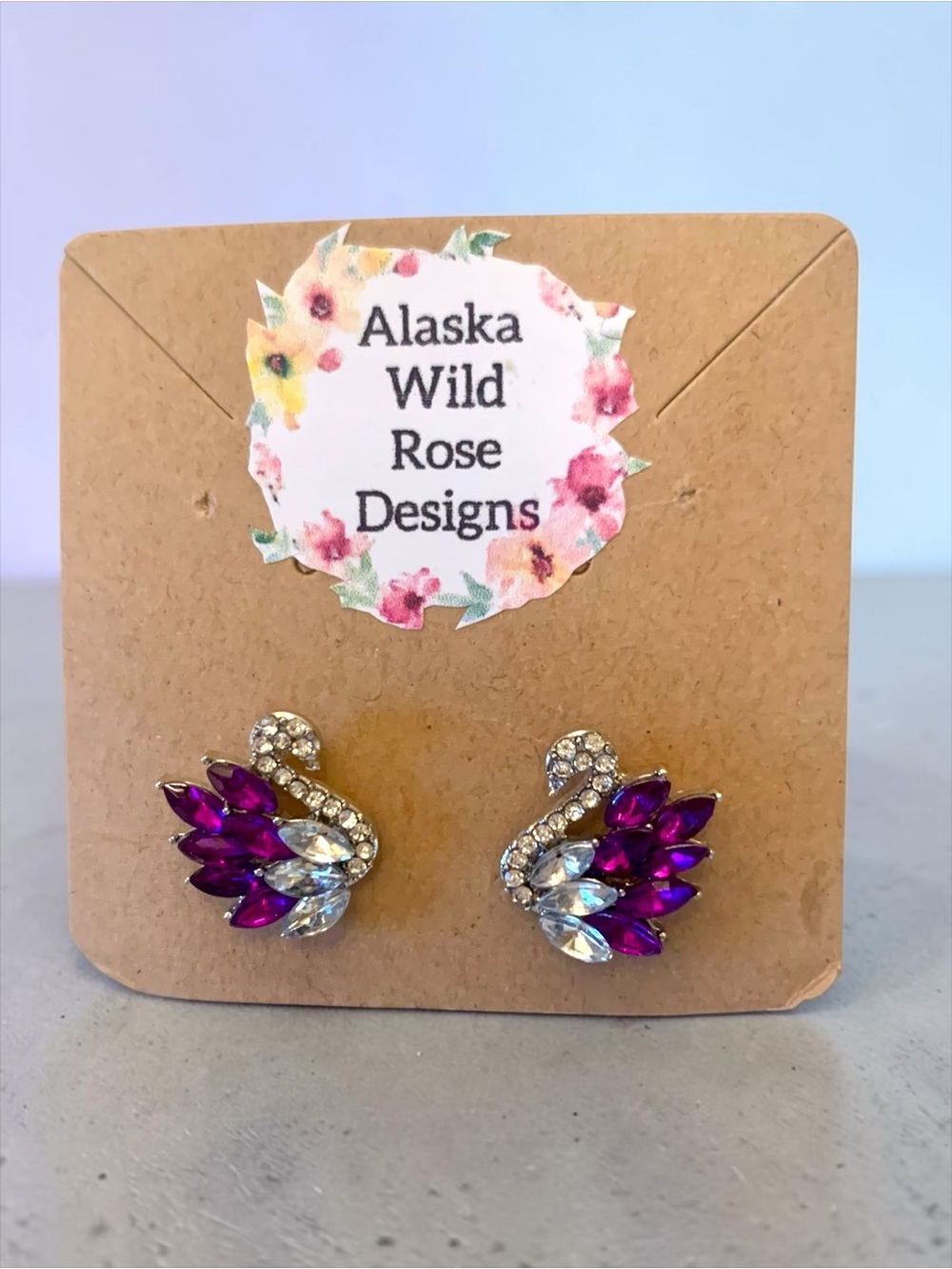 Swan Crystal Stud Earrings in Purple & Clear Crystals NWT